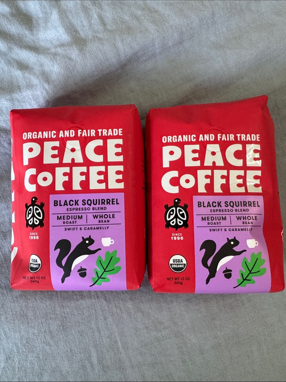 2 Bags of Peace Coffee Black Squirrel Espresso Blend - Whole Bean 12 oz Organic